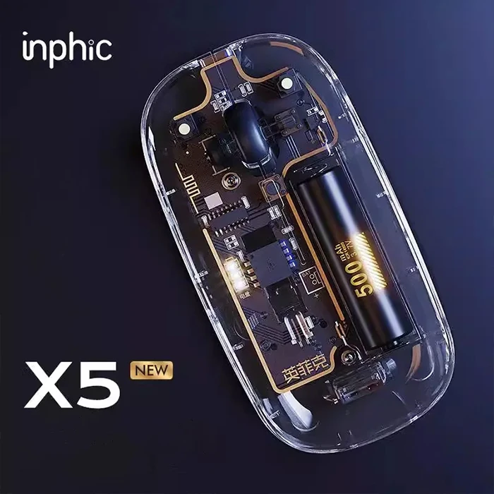 INPHIC X5 Kablosuz Fare, Sarj Edilebilir Sessiz Kullanim 2.4G Transparan USB Mouse